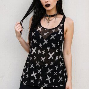 Royal Bones by Tripp Black Sheer Cross Tank Top | Gothic Punk Alt XL